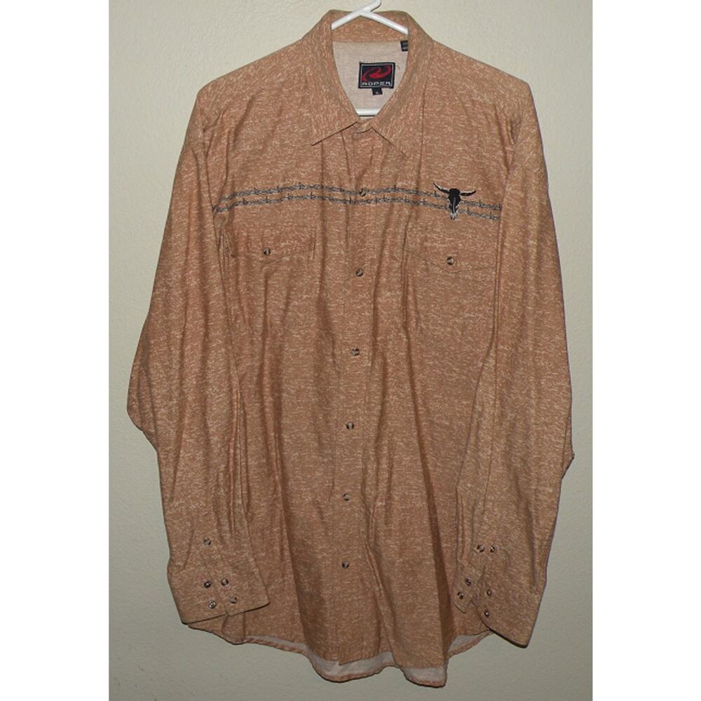 Roper Men’s XL LS Western Pearl Snap Shirt Mottled Brown Barbed Wire Skull